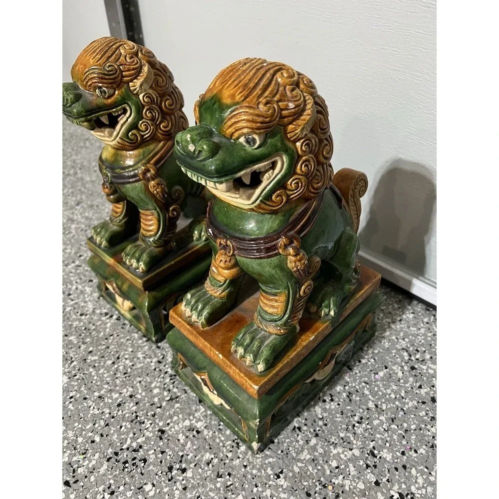 Pair Of Old Green Yellow Ceramic Chinese Foo Dogs Temple Statue